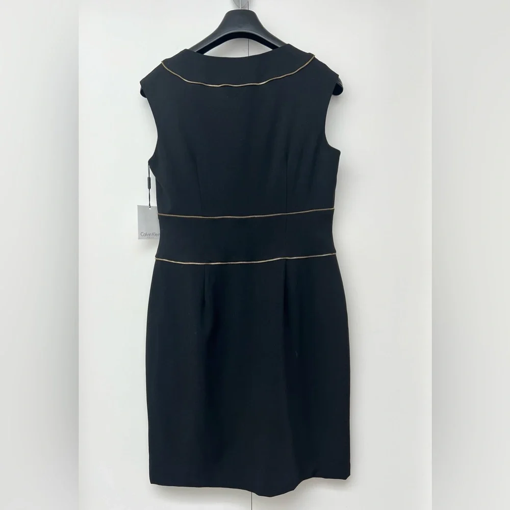 CALVIN KLEIN | Black Sheath Dress with Accent Contouring Gold Zipper Piping - Picture 6 of 12